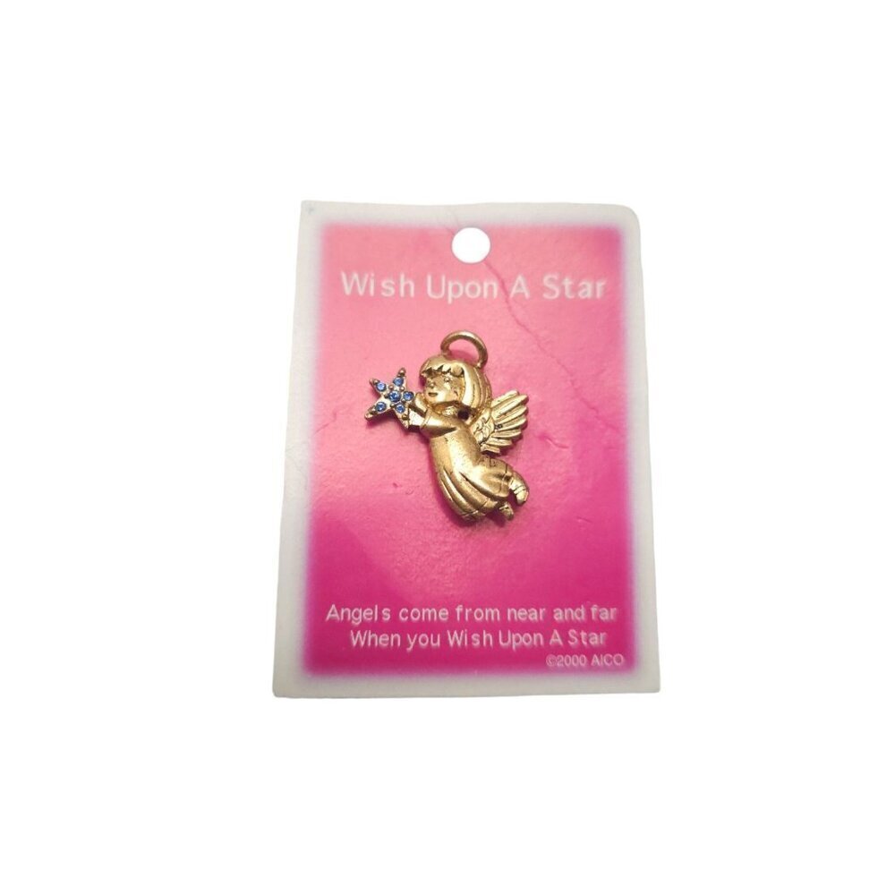 Wish Upon a Star Flying Angel Blue Rhinestone Lapel Brooch Pin Gold Tone Vintage